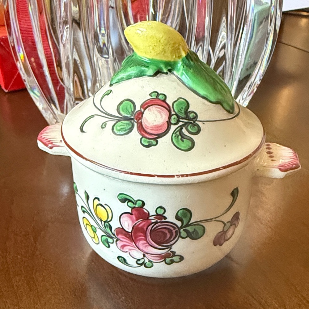 Antique France Faience lemon jam jar hand painted fruit lid